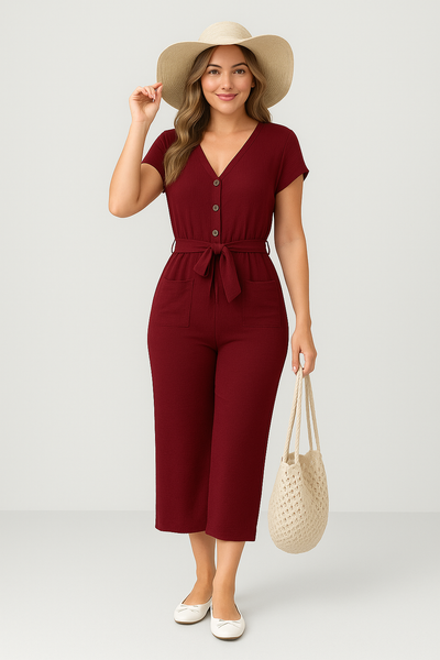 Women’s Jumpsuit – V-Neck – Short Sleeve – Belted Waist – Cropped Culotte Fit