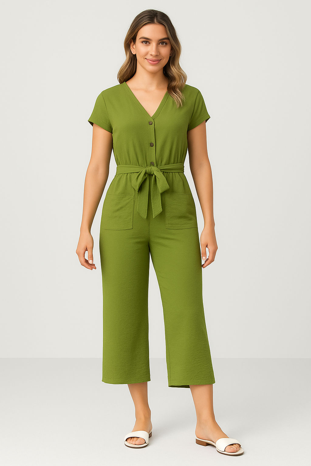 Women’s Jumpsuit – V-Neck – Short Sleeve – Belted Waist – Cropped Culotte Fit