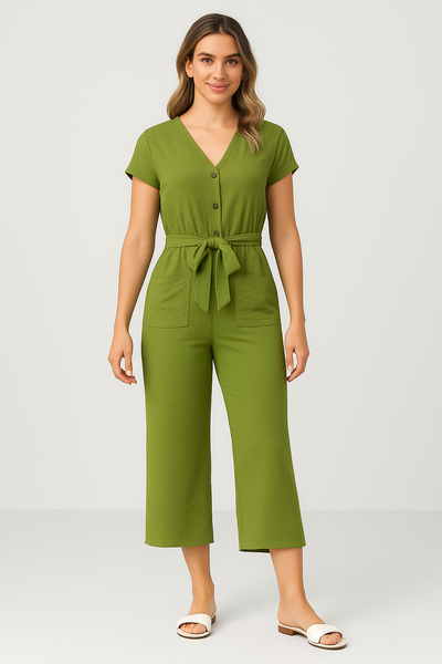 Women’s Jumpsuit – V-Neck – Short Sleeve – Belted Waist – Cropped Culotte Fit