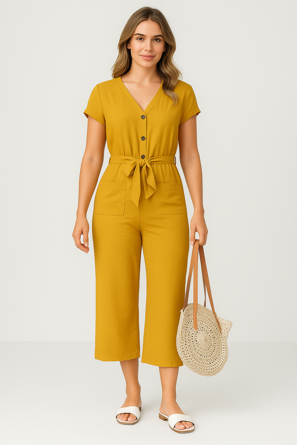 Women’s Jumpsuit – V-Neck – Short Sleeve – Belted Waist – Cropped Culotte Fit