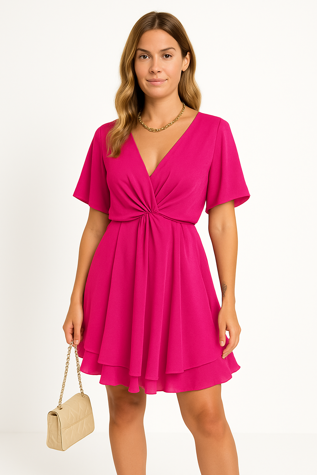 Women’s Batwing Sleeve Dress – Relaxed Fit – Twist Front – Asymmetrical Hemline
