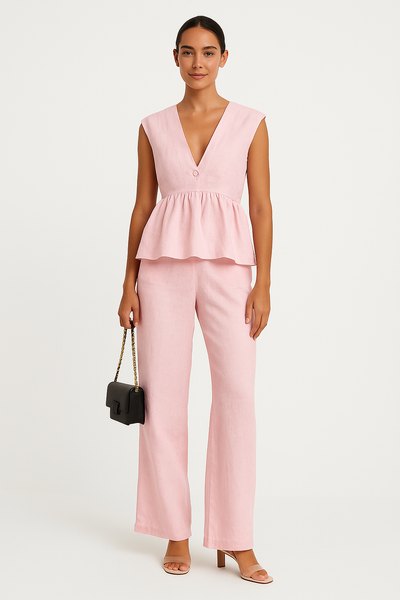 Women’s Two-Piece Set – Sleeveless V-Neck Peplum Top – Loose Fit Full-Length Pants
