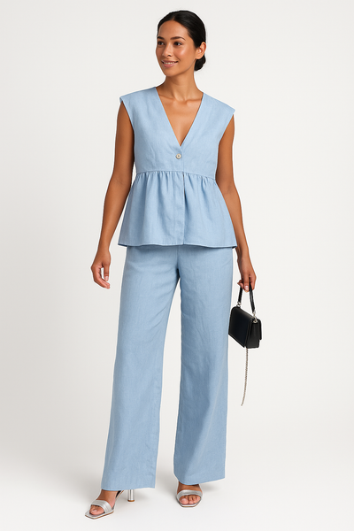 Women’s Two-Piece Set – Sleeveless V-Neck Peplum Top – Loose Fit Full-Length Pants