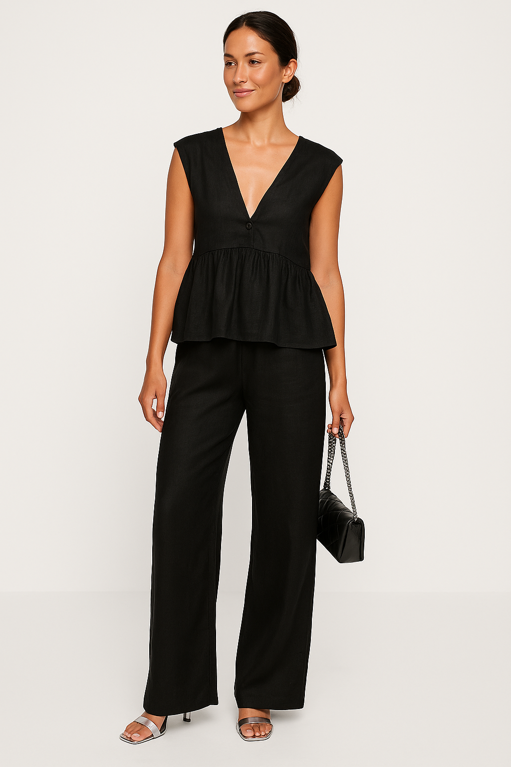 Women’s Two-Piece Set – Sleeveless V-Neck Peplum Top – Loose Fit Full-Length Pants