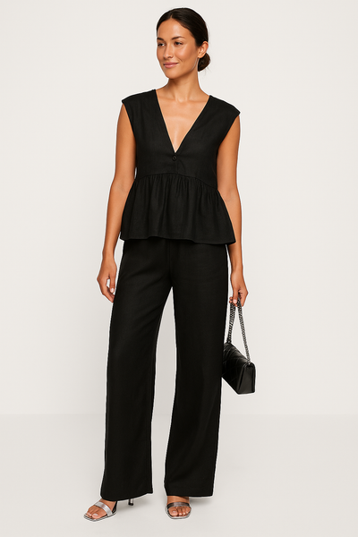 Women’s Two-Piece Set – Sleeveless V-Neck Peplum Top – Loose Fit Full-Length Pants