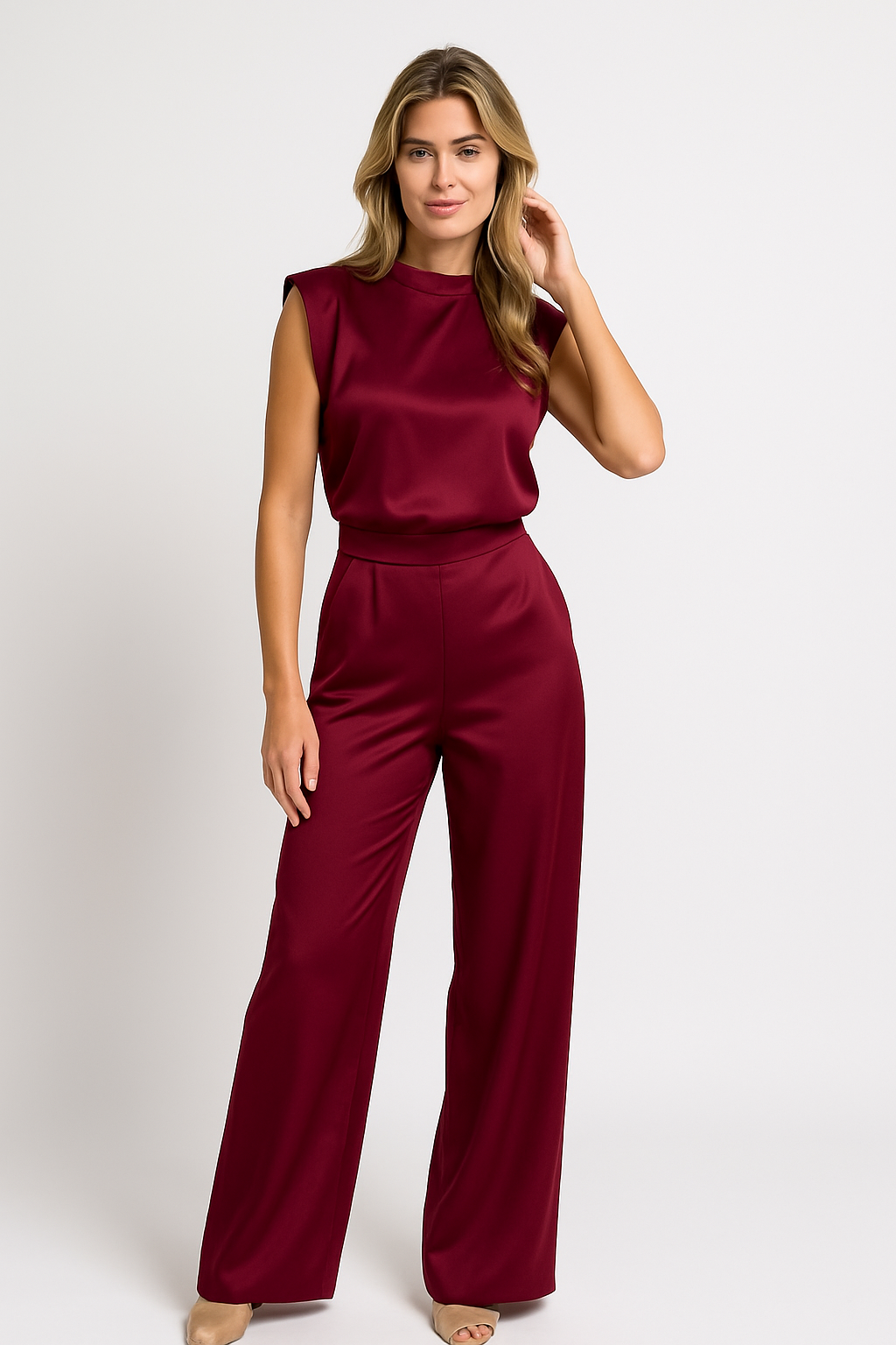 Women’s Jumpsuit – Satin Finish – Wide Leg – Sleeveless – Cinched Waist – Open Back