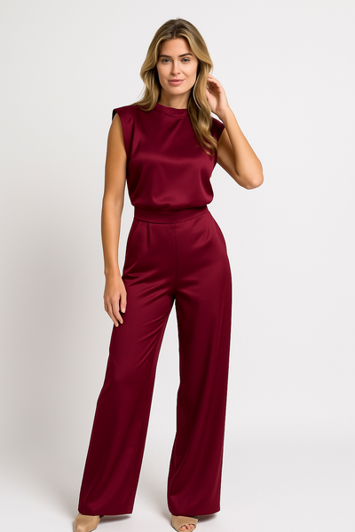 Women’s Jumpsuit – Satin Finish – Wide Leg – Sleeveless – Cinched Waist – Open Back