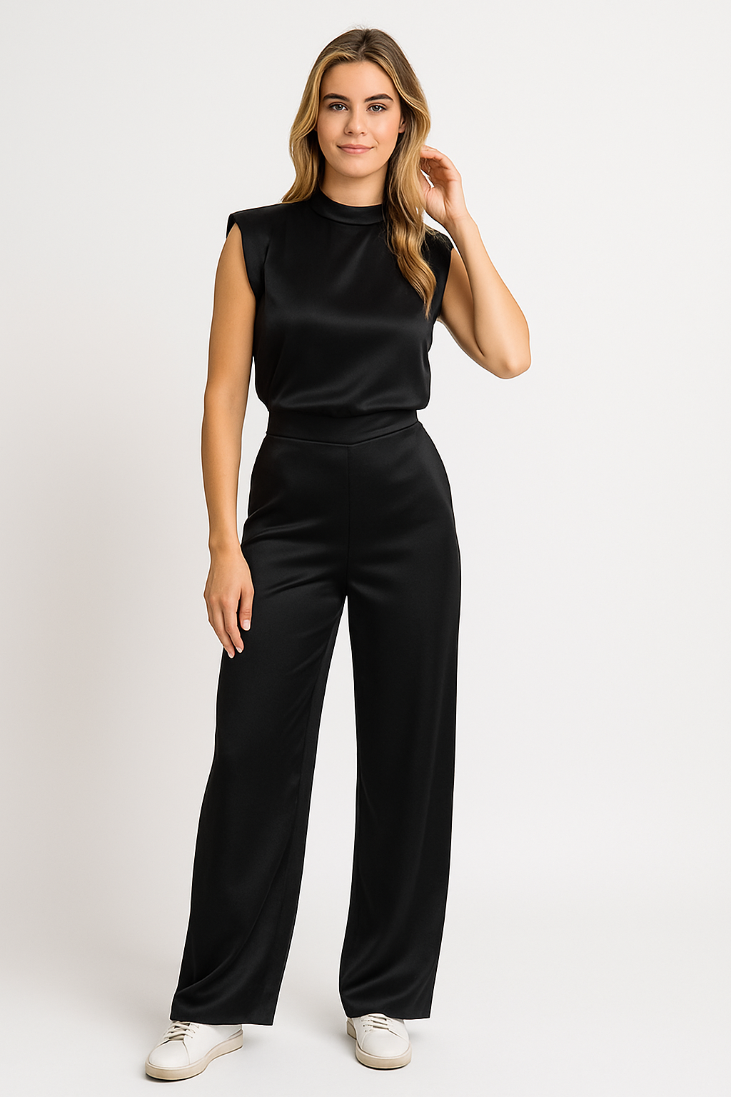 Women’s Jumpsuit – Satin Finish – Wide Leg – Sleeveless – Cinched Waist – Open Back