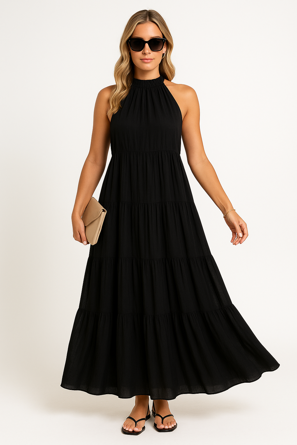 Women’s Halter Dress – Lightweight Cotton Blend – Tiered Maxi Skirt – Cinched Waist