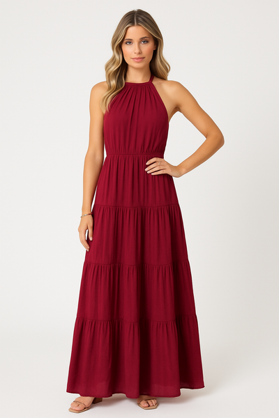 Women’s Halter Dress – Lightweight Cotton Blend – Tiered Maxi Skirt – Cinched Waist