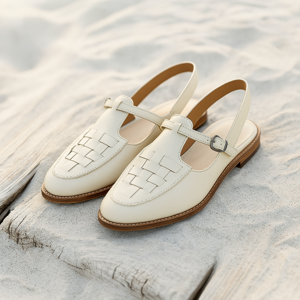 Women’s Leather Sandals – Closed Toe – Woven Upper – T-Strap – Buckle Closure