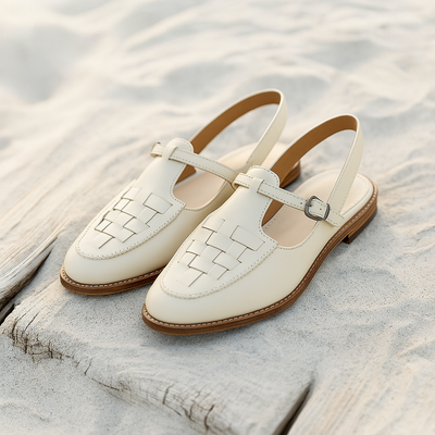 Women’s Leather Sandals – Closed Toe – Woven Upper – T-Strap – Buckle Closure