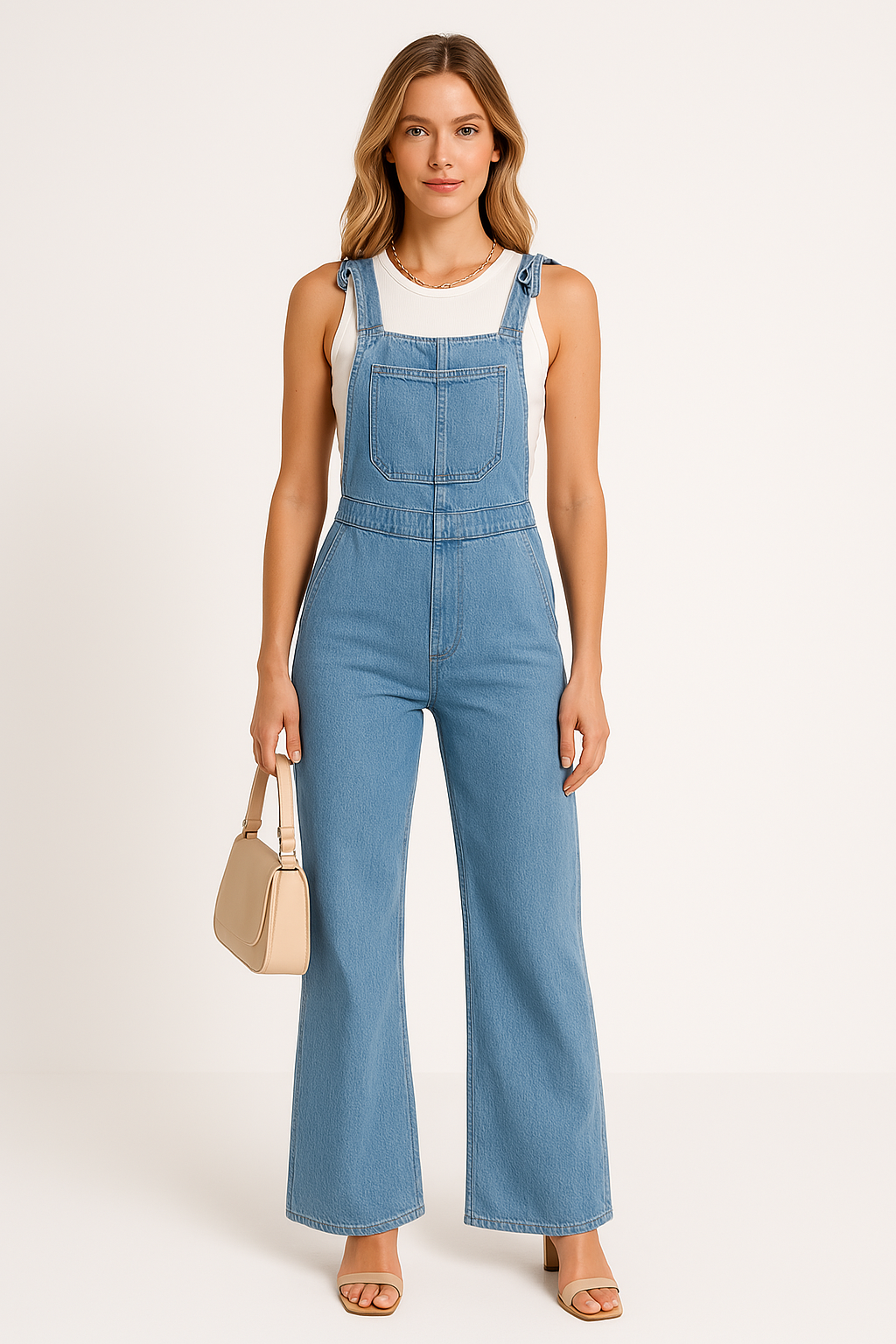 Women’s Denim Jumpsuit – Relaxed Fit – Adjustable Straps – Full Length – Chest Pocket