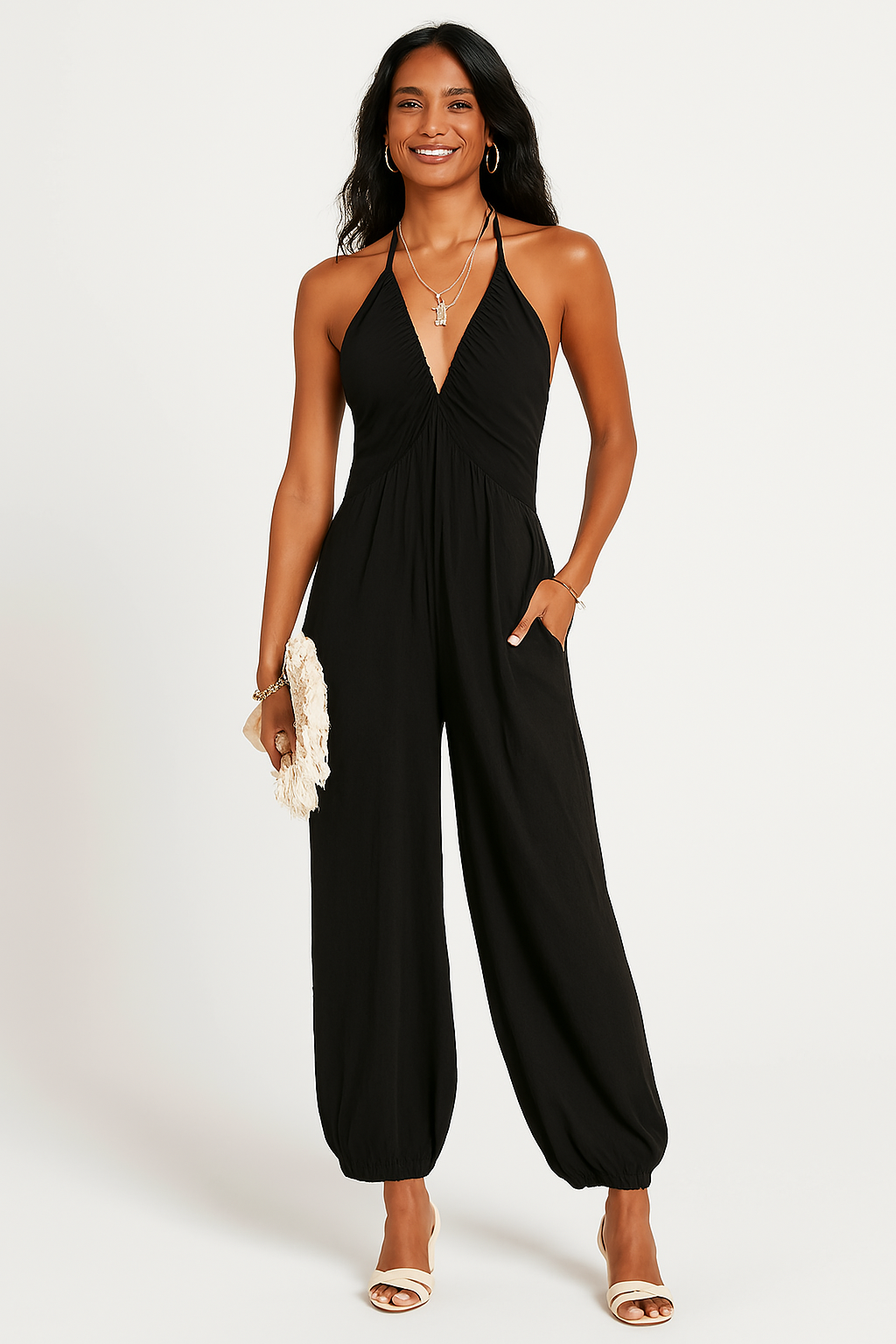 Women’s Halter Jumpsuit – Deep V-Neck – Relaxed Fit – Tapered Leg – Pockets