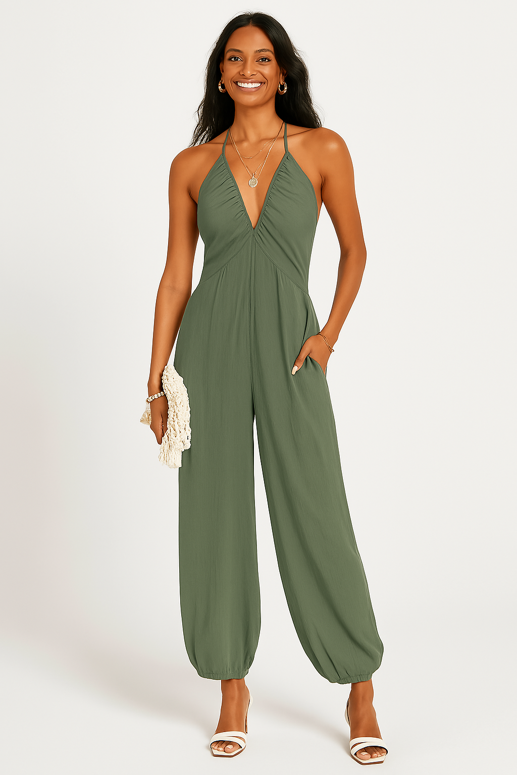 Women’s Halter Jumpsuit – Deep V-Neck – Relaxed Fit – Tapered Leg – Pockets