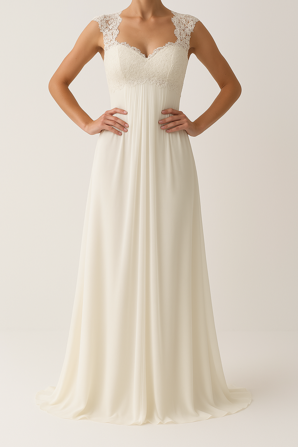 Women’s Evening Dress – Lace Bodice – Empire Waist – Full-Length Chiffon Skirt – Sleeveless