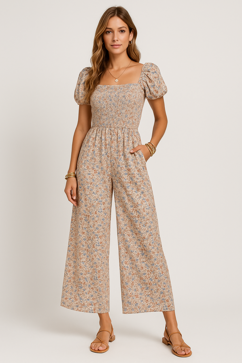 Women’s Jumpsuit – Smocked Bodice – Puff Sleeve – Wide Leg – Floral Print – Square Neck