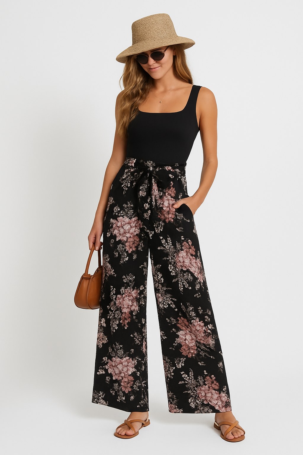 Women’s Jumpsuit – Sleeveless Floral – Relaxed Fit – Wide Leg – Full Length – Belted Waist