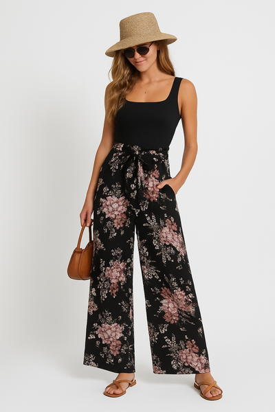 Women’s Jumpsuit – Sleeveless Floral – Relaxed Fit – Wide Leg – Full Length – Belted Waist