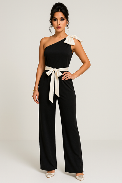 Women’s One-Shoulder Jumpsuit – Satin Texture – Tailored Fit – Bow Shoulder Accent