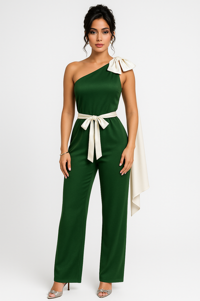 Women’s One-Shoulder Jumpsuit – Satin Texture – Tailored Fit – Bow Shoulder Accent
