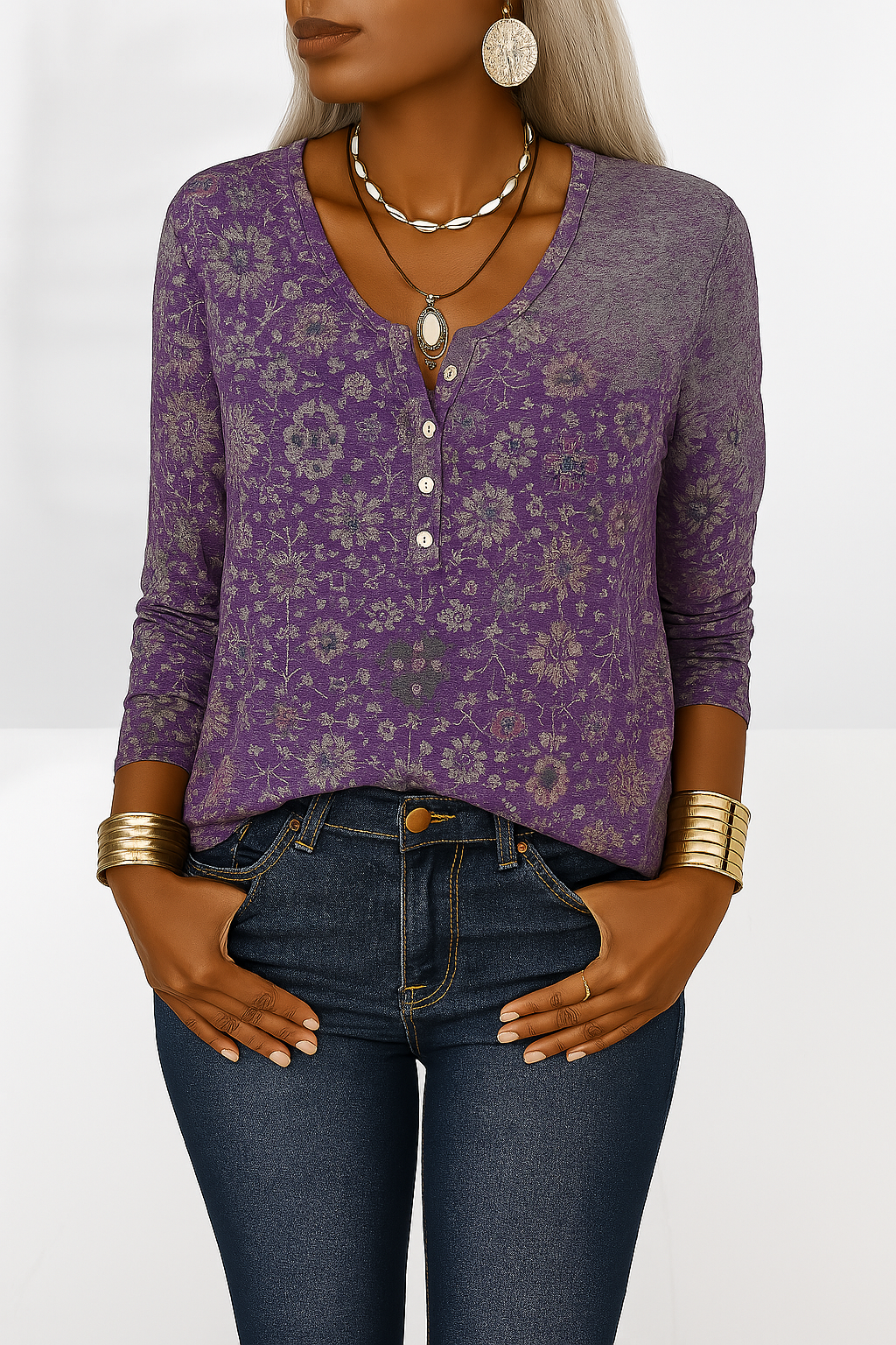 Cheryl™ | Floral Long-Sleeve Blouse with Elegant V-Neck