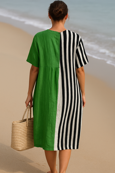 Mila | Green & Stripe V-Neck Midi Dress