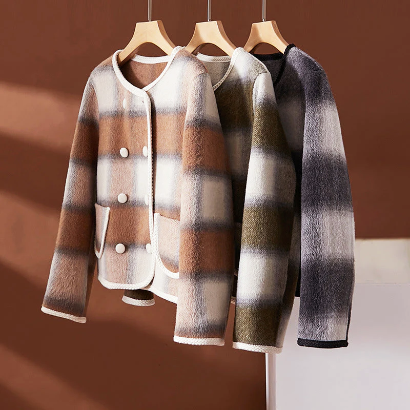 Checked Wool Short Coat for Women with Front Pockets
