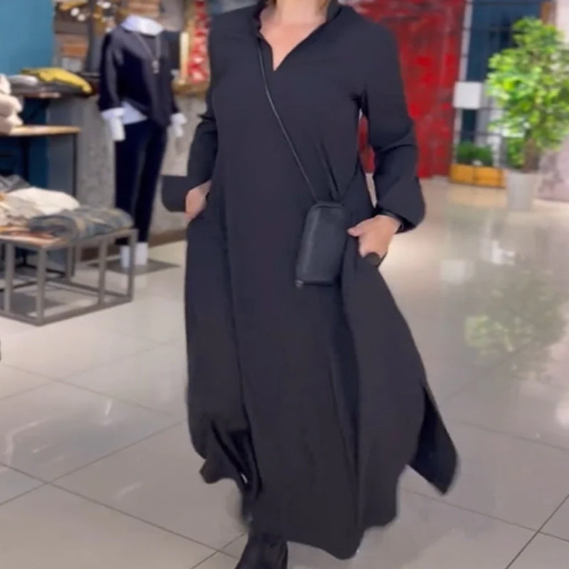 Junia - Flowy Side Slit Lapel Loose Long Dress