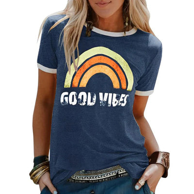 Avencea - Women's Casual Shirt with Rainbow Print and "Good Vibes" Inscription