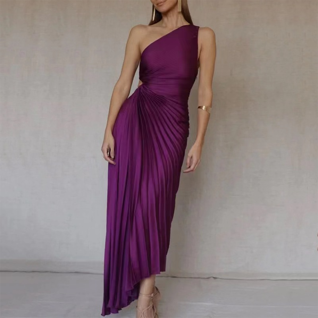 Avencea - Elegant Pleated Dress with Asymmetrical Hem