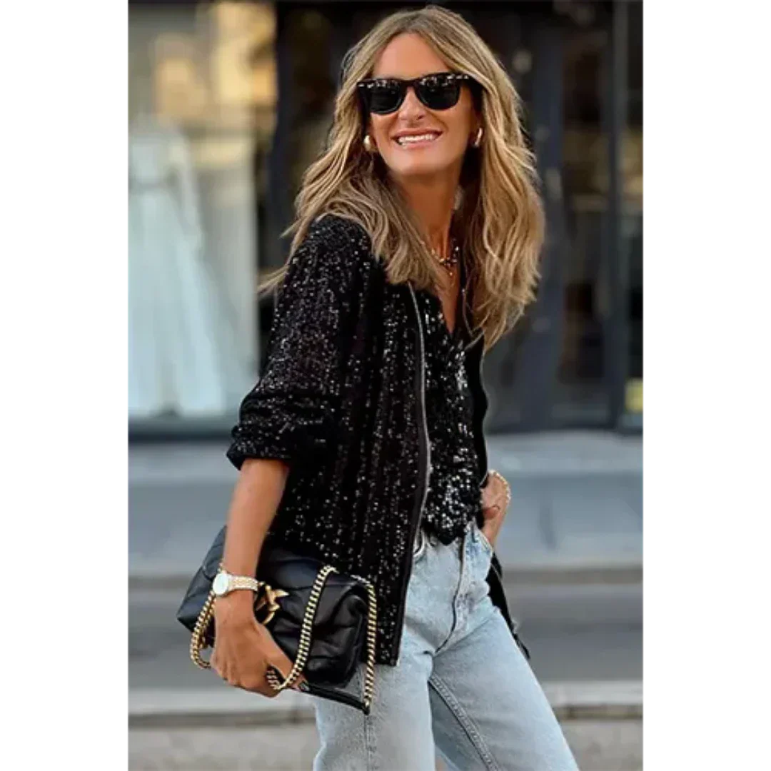 Women’s Bomber Jacket – Relaxed Fit – Sequin Texture – Zipper Front – Ribbed Cuffs