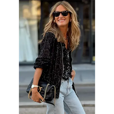 Women’s Bomber Jacket – Relaxed Fit – Sequin Texture – Zipper Front – Ribbed Cuffs