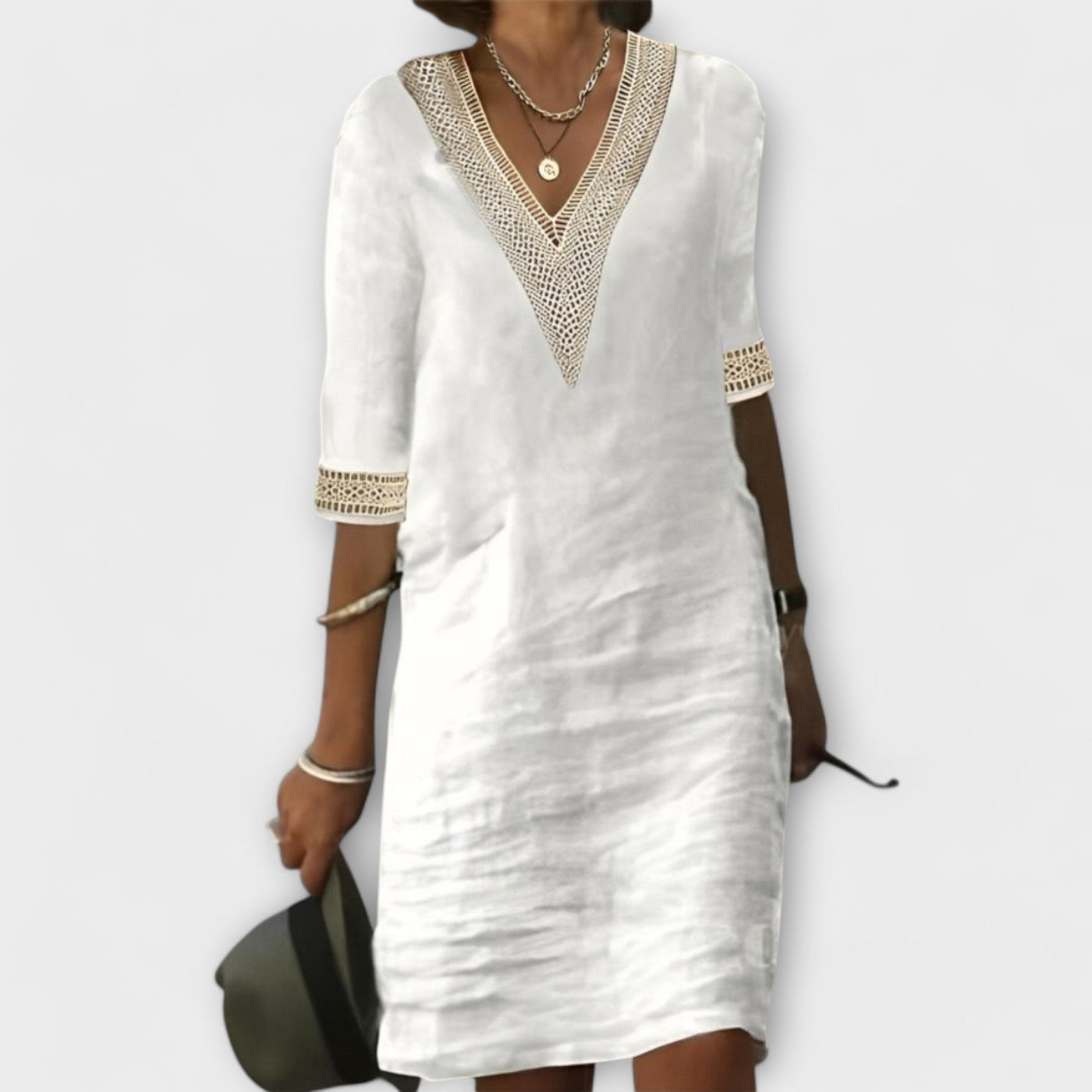 Vivienne | White Linen-Style Embroidered Dress