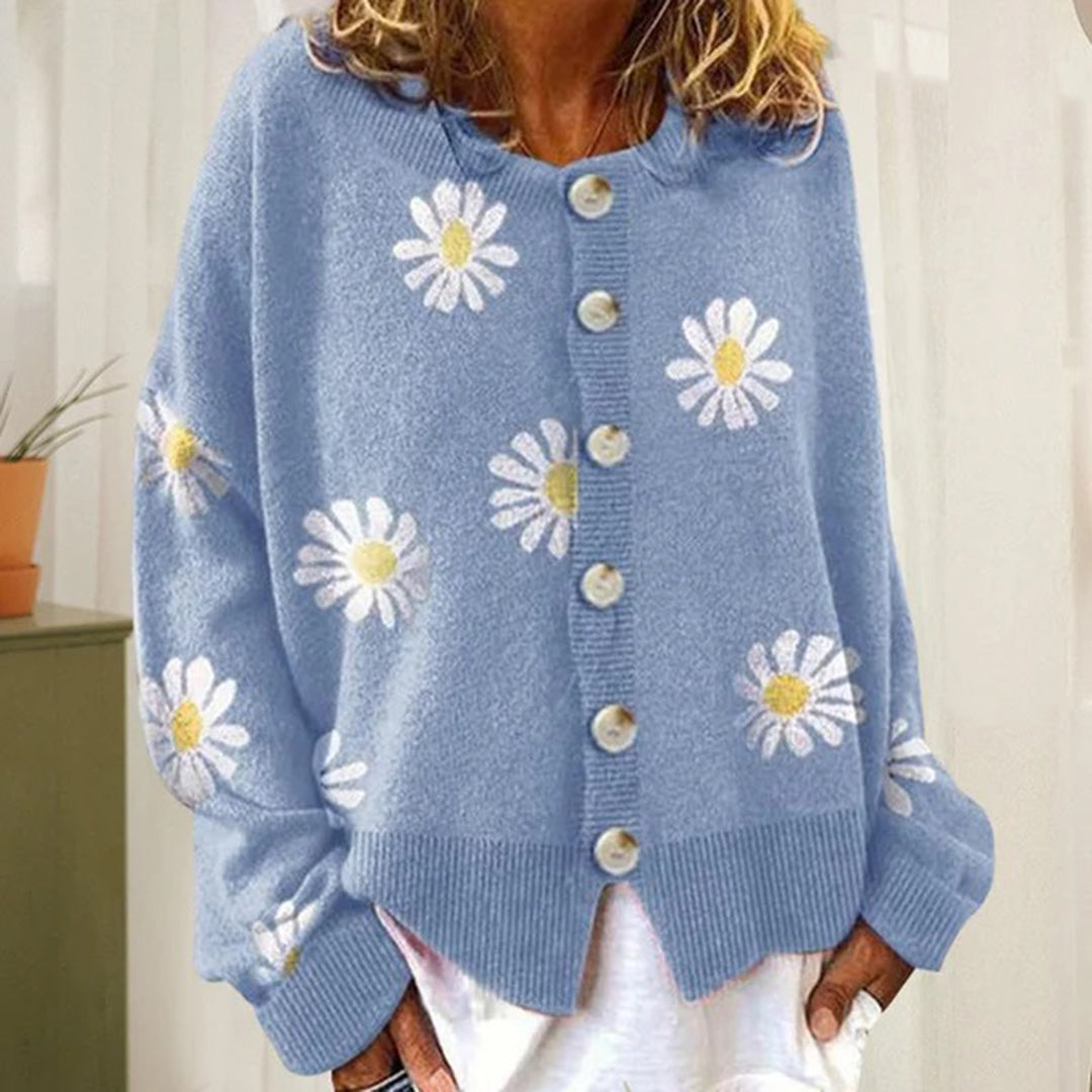 Avencea - Women's Warm Knitted Cardigan with Buttons and Floral Pattern