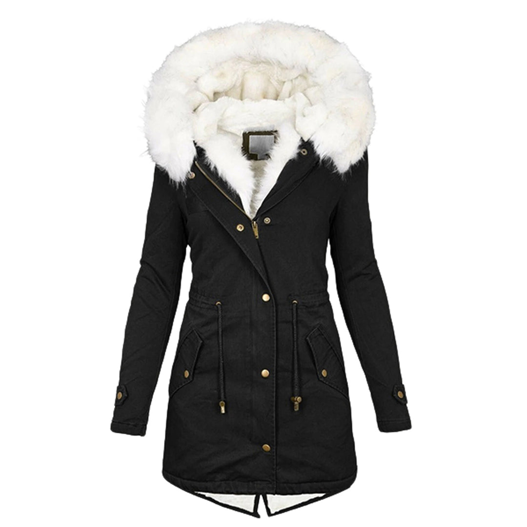 Avencea - Long winter coat with white fur collar for women