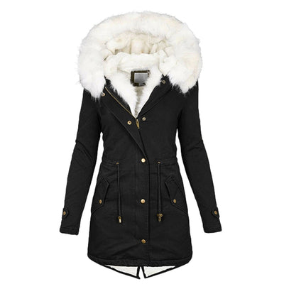 Avencea - Long winter coat with white fur collar for women