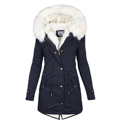 Avencea - Long winter coat with white fur collar for women