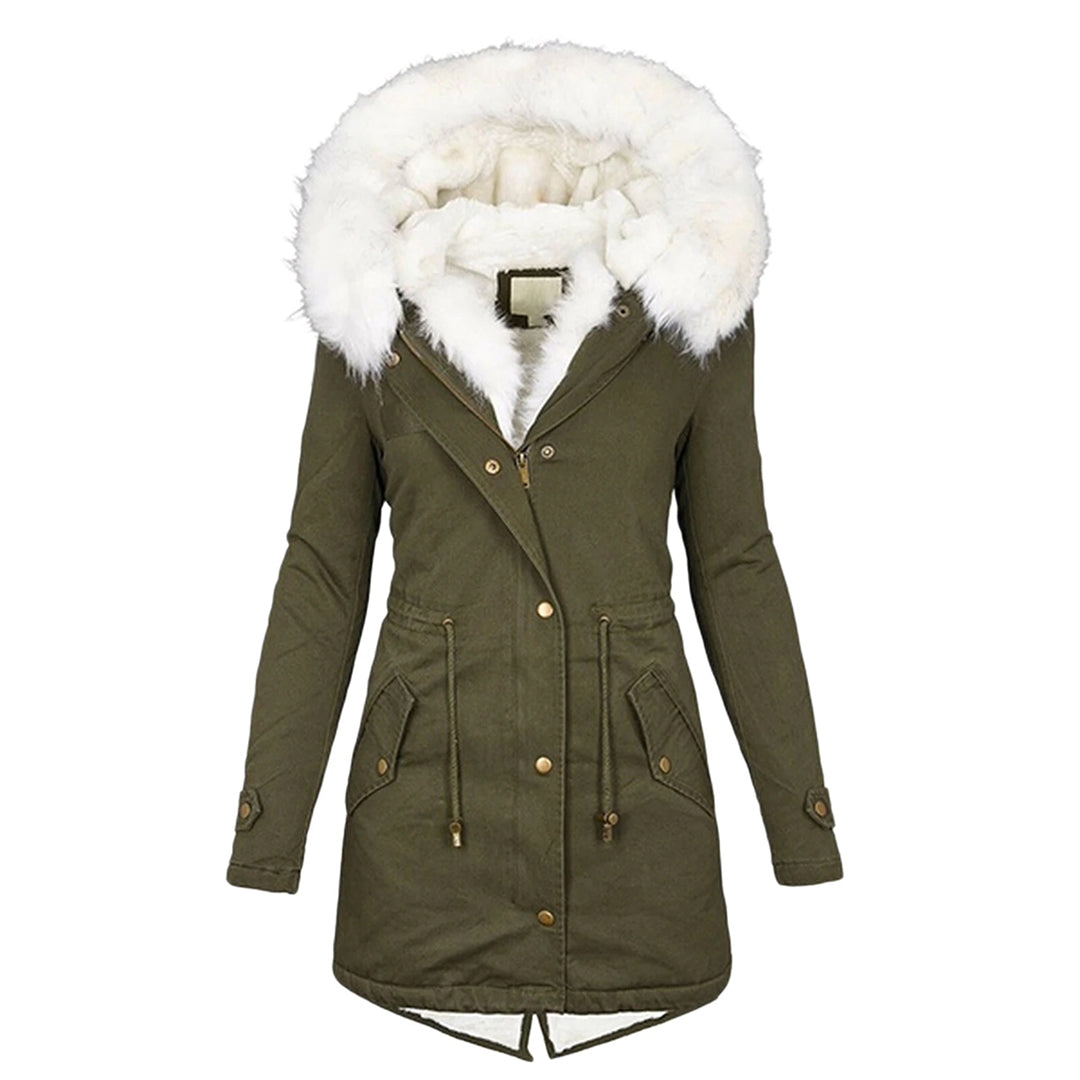 Avencea - Long winter coat with white fur collar for women