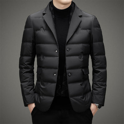 Men’s Quilted Down Jacket – Tailored Fit – Double-Breasted – Mid-Length Formal Style