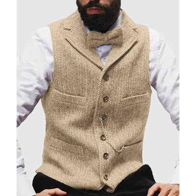 Men’s Vest – Tailored Fit – Wool Blend – Herringbone Pattern – Formal Button Front