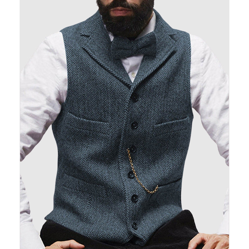 Men’s Vest – Tailored Fit – Wool Blend – Herringbone Pattern – Formal Button Front