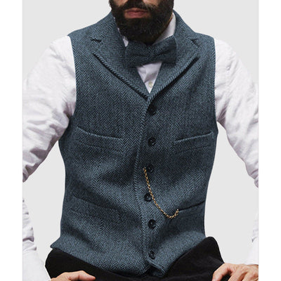 Men’s Vest – Tailored Fit – Wool Blend – Herringbone Pattern – Formal Button Front