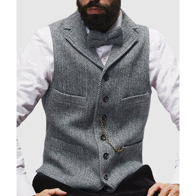 Men’s Vest – Tailored Fit – Wool Blend – Herringbone Pattern – Formal Button Front
