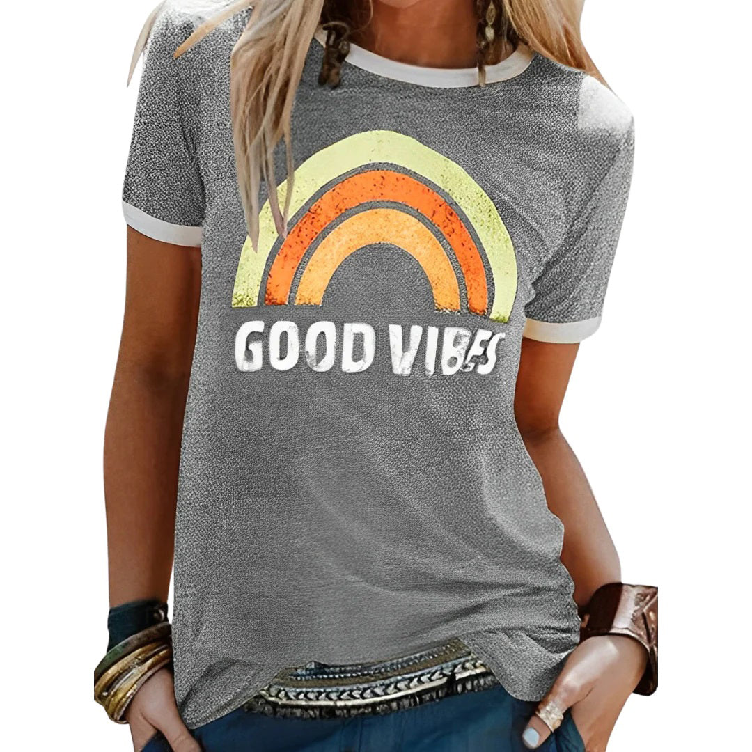 Avencea - Women's Casual Shirt with Rainbow Print and "Good Vibes" Inscription