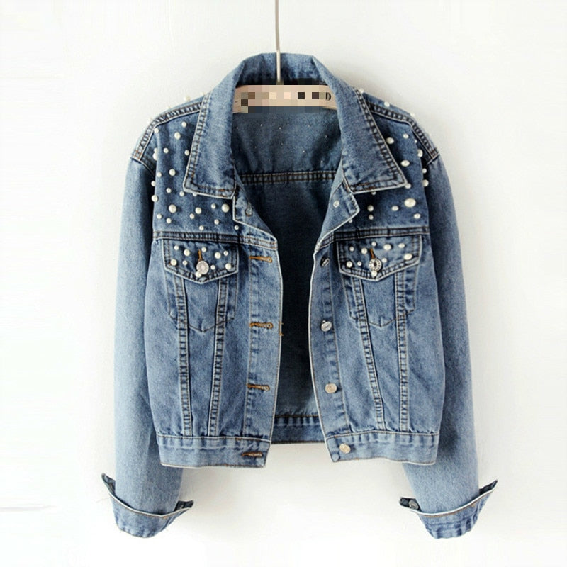 Avencea | Elegant Denim Jacket with Pearl Embellishments