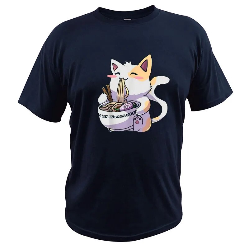 Ramen T-Shirt Cat Tshirt Kawaii Anime Tee Japanese Gift T Shirt Tops Cartoon Graphic EU Size 100% Cotton