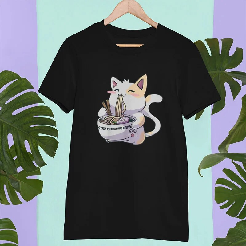 Ramen T-Shirt Cat Tshirt Kawaii Anime Tee Japanese Gift T Shirt Tops Cartoon Graphic EU Size 100% Cotton