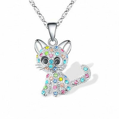 Silver necklace with cat pendant and colored zirconia stones