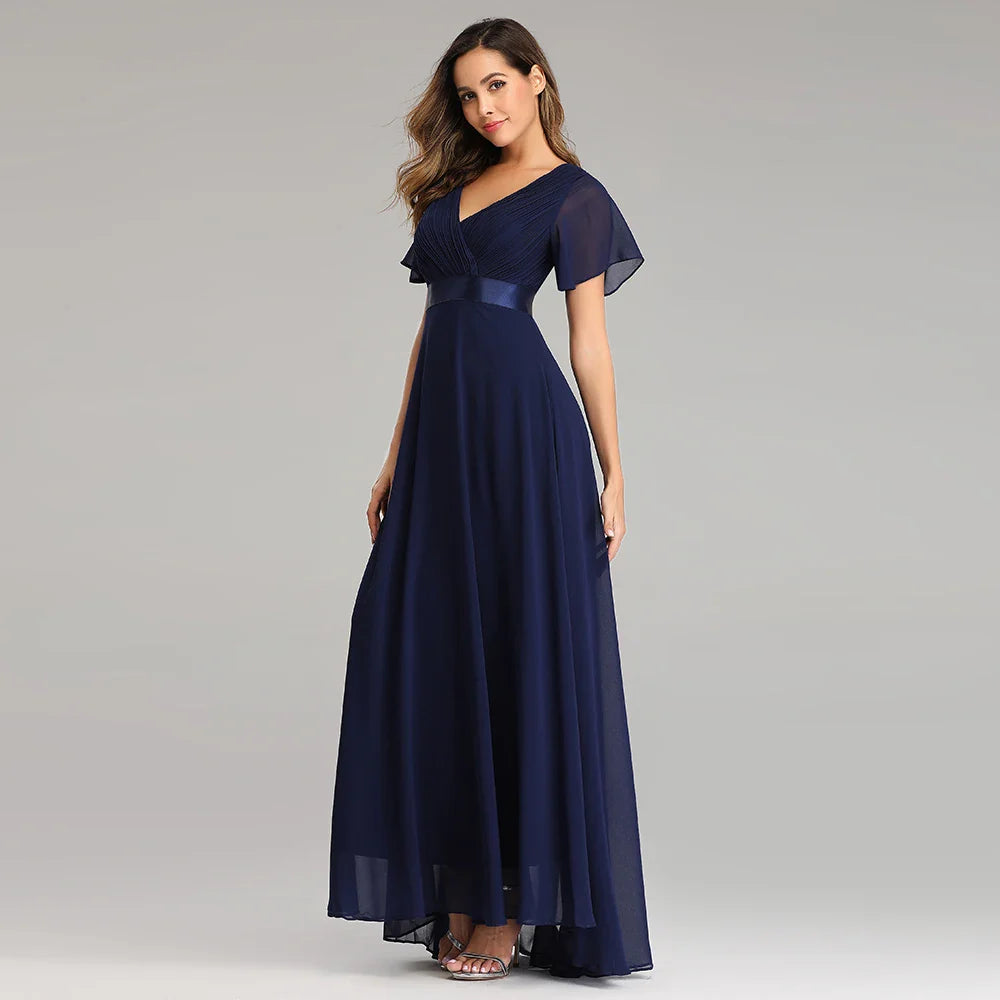 Women’s Evening Gown – Chiffon A-Line – V-Neck – Flutter Sleeves – Full Length